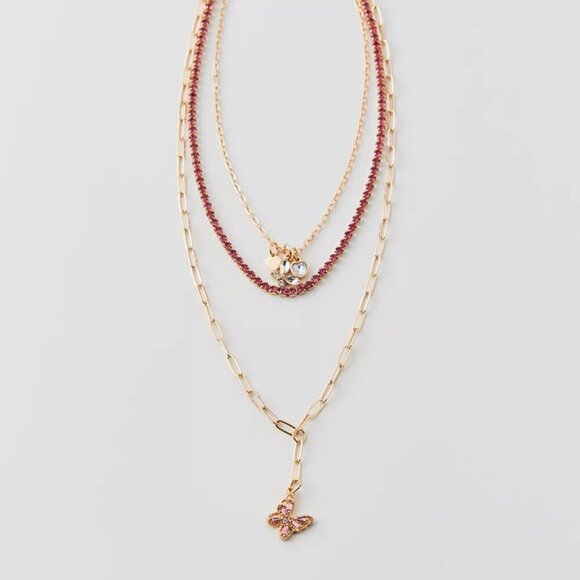 NWT Urban Outfitters Rhinestone Butterfly Gold Layered Y2K Necklace - Picture 2 of 7
